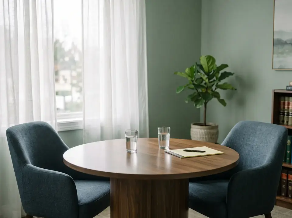 Illustration of a calm mediation conference room with a round table and two chairs